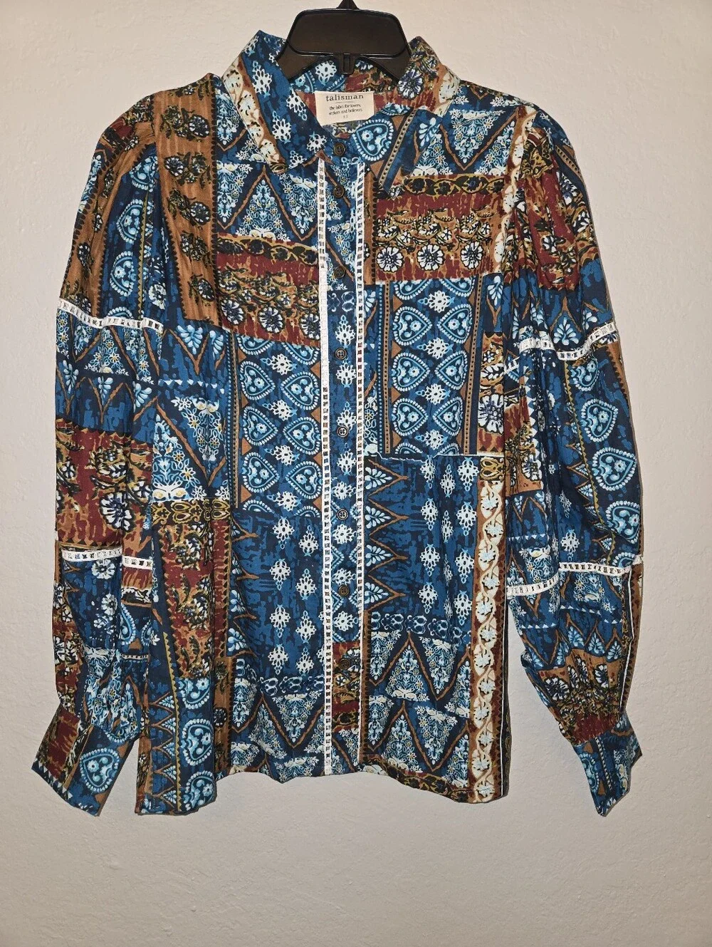 Talisman Castella Patchwork Print Cotton Button-Up Shirt, Size XS - Picture 2 of 4
